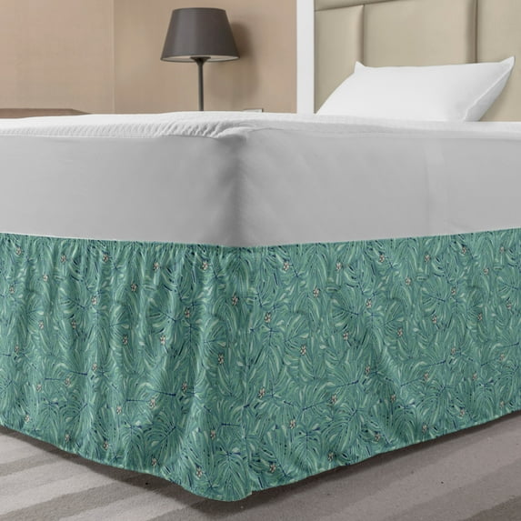 Tropical Bed Skirt, Hand Drawn Continuing Jungle Leaves and Flowers, Elastic Bedskirt Dust Ruffle Wrap Around for Bedding Decor, 4 Sizes, Seafoam Turquoise, by Ambesonne