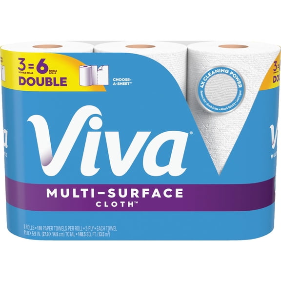 Viva Multi-Surface Cloth Paper Towels, 3 Double Rolls, 110 Sheets per Roll