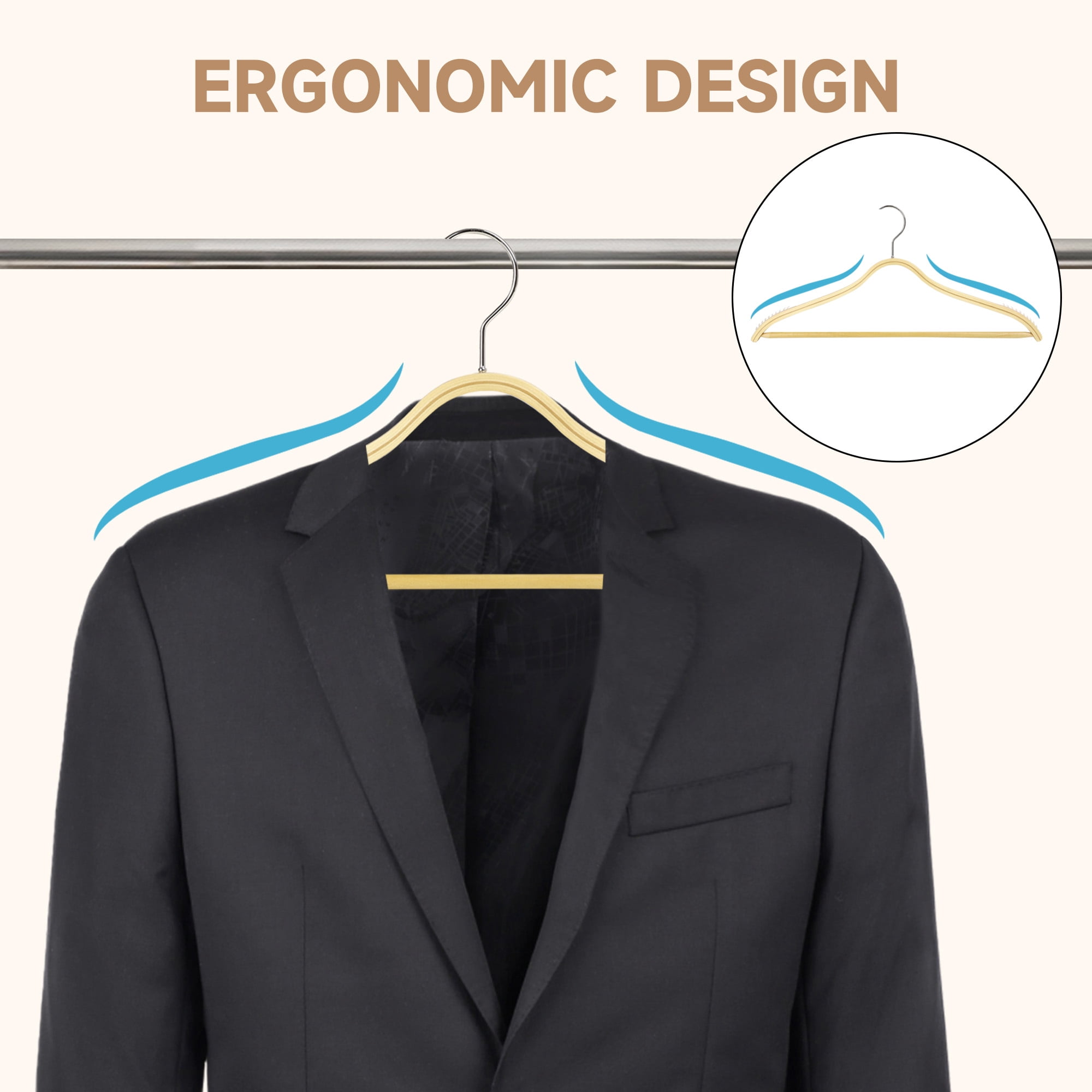 BP4U 24-Pack Wooden Hangers with Pants Bar, Slim Birch Lightweight Birch Wood Hangers with Non-Slip Rubber Strips, Space Saving Profile for Trousers, Sweaters, and Dresses(Natural Wood)
