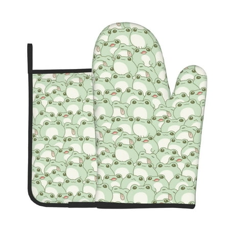 

Jgfou Cute Frog Pattern Oven Mitts and Pot Holders Sets Heat Resistant Oven Mittens Soft Lining Extra Thicken Long Kitchen Cotton Oven Glove for Cooking