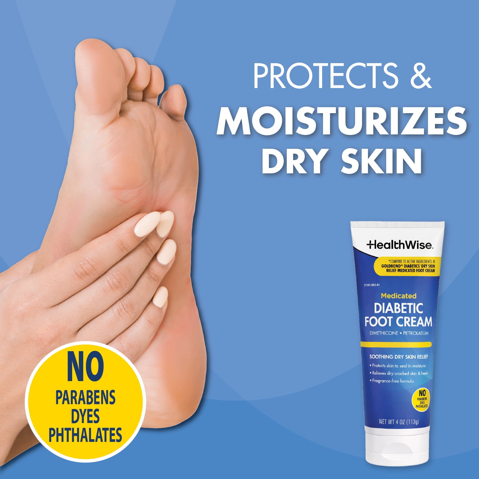 HealthWise Diabetic Foot Cream, 4 oz, Dimethicone + Petrolatum Skin Protectant, Softens Dry, Cracked Heels, Odor-Free, Paraben-Free
