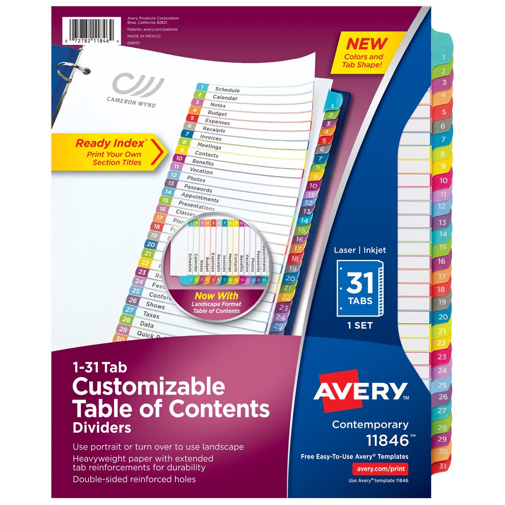 Avery Ready Index TOC Paper Divider, Color, 1-31 (11846) - Walmart.com ...