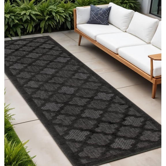 HomeRoots 545221 16 ft. Charcoal & Black Trellis Indoor & Outdoor Runner Rug