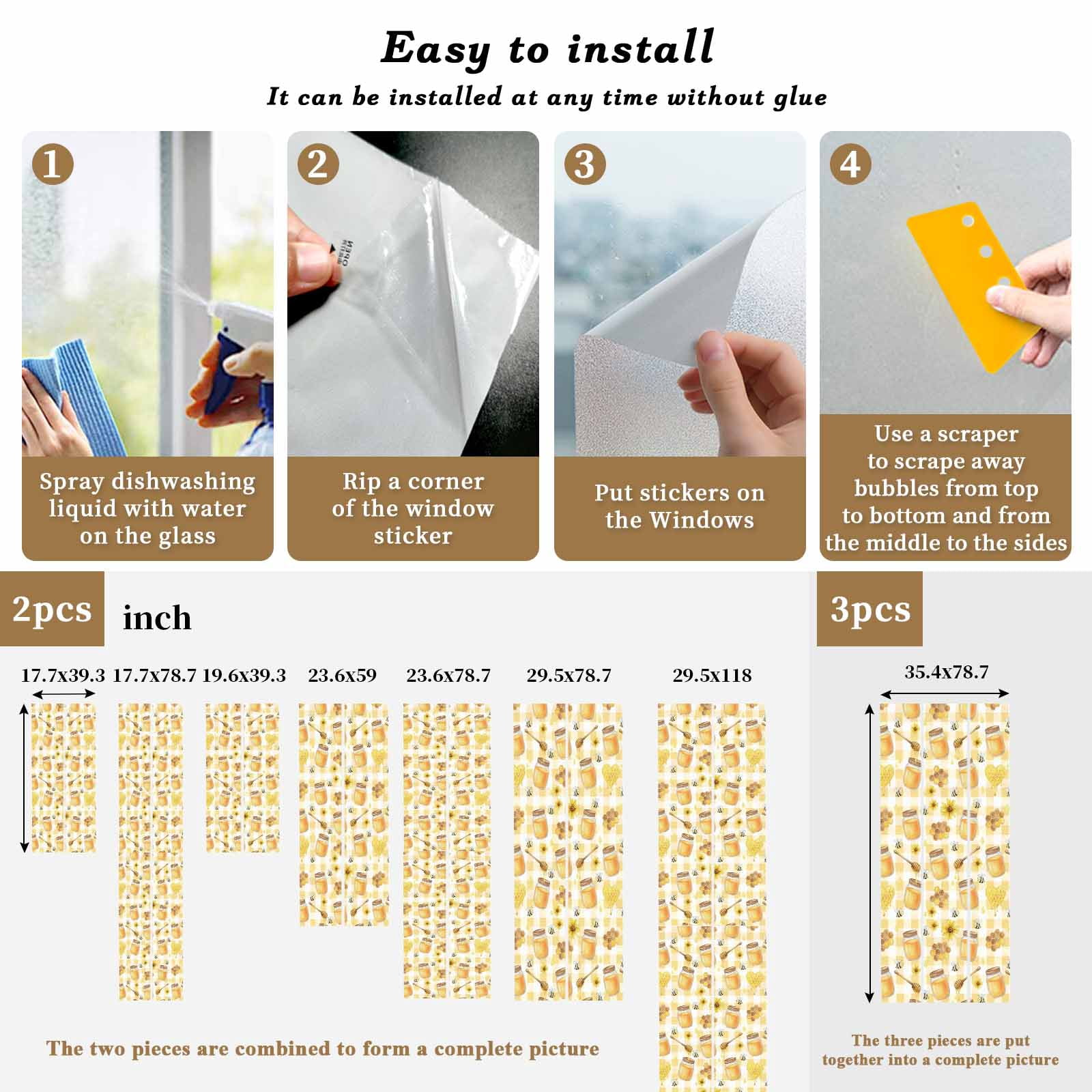 Honey and Honeycomb Window Privacy Film, Yellow Theme Bee Sunflower Buffalo Plaid Frosted Glass Window Clings Static Cling UV Heat Blocking Reusable Door Sticker for Bathroom 23.6 x 59 Inch