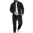 thumbnail image 3 of VBTAPA Men's Waffle 2 Piece Outfits Long Sleeve Button Shirts Sweatpants Suit Solid Casual Tracksuit Sets with Pockets Prime Sales Today Black L, 3 of 7