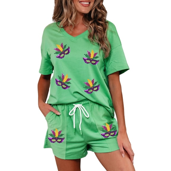 Mint Green Sequin Mardi Gras Mask Tee & Drawstring Shorts Set – Casual Summer Outfit for Women, XL
