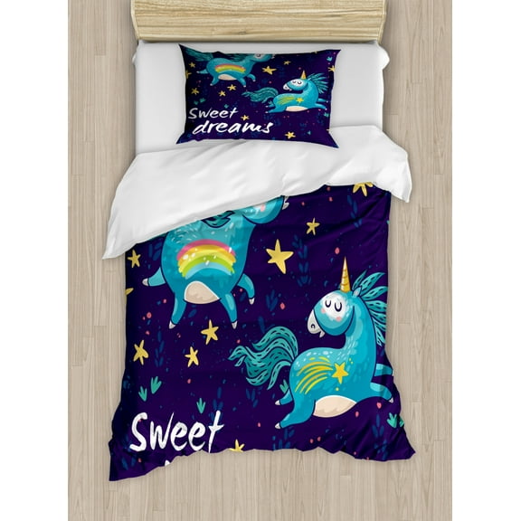Sweet Dreams Twin Size Duvet Cover Set, Two Unicorns Flying in Night Sky Childhood Fantasy Fairytale Themed Cartoon, Decorative 2 Piece Bedding Set with 1 Pillow Sham, Multicolor, by Ambesonne