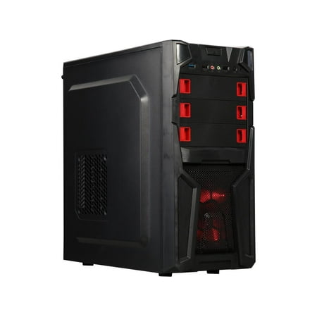 DIYPC Solo-T2-R Black USB 3.0 ATX Mid Tower Gaming Computer Case with 2 x Red Fans (1x 120mm LED fan x front, 1x 120mm fan x rear) Pre-installed