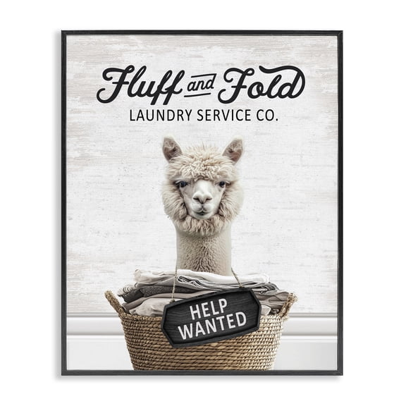 Stupell Industries Fluff & Fold Laundry Alpaca Quotes and Sayings Painting Black Framed Art Print Wall Art, 11 x 14