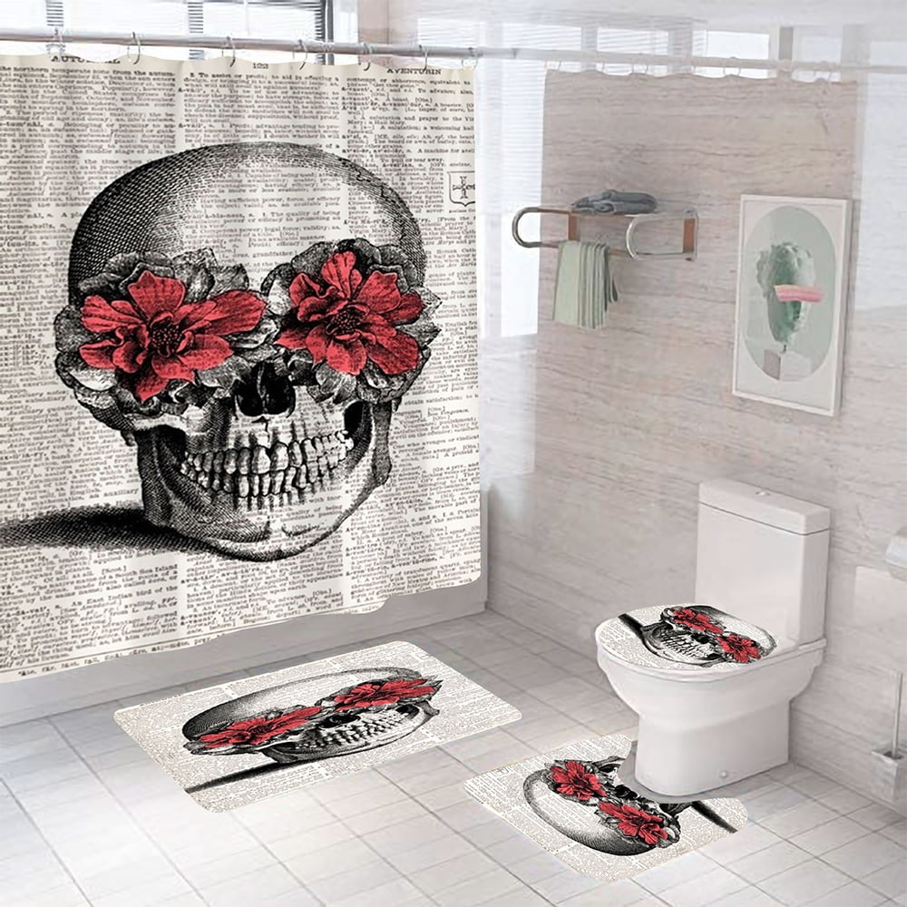 Halloween Bathroom Toilet Cover+Non-slip Pedestal Rug+Bath Mat Shower Curtain 