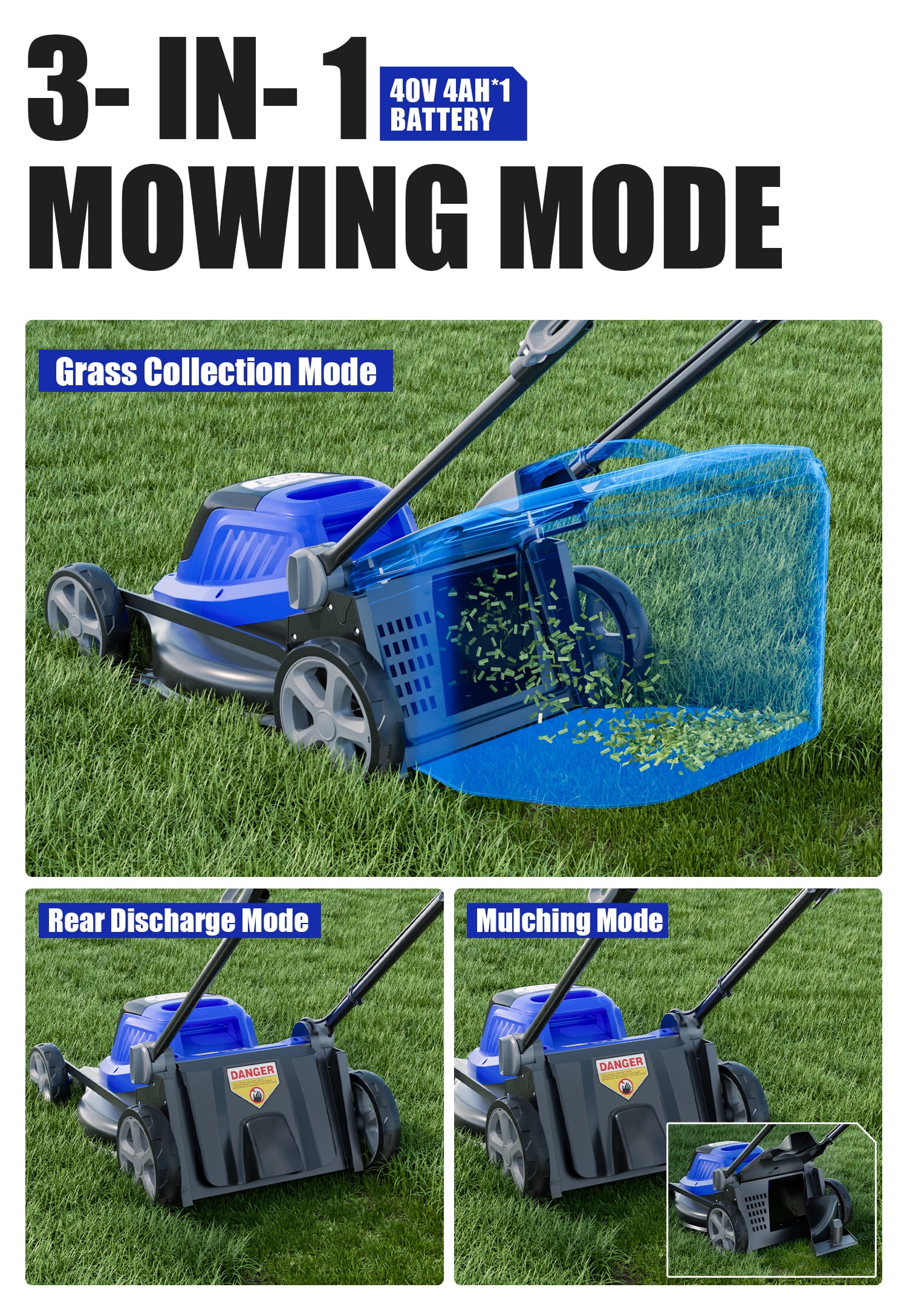 Wild Badger Power 40V 16″ Cordless Lawn Mower Brushless, 1,900 sq ft/0.044 ac,1×4.0Ah Battery & Fast Charger,  5-Position Height,for Small Residential Lawns