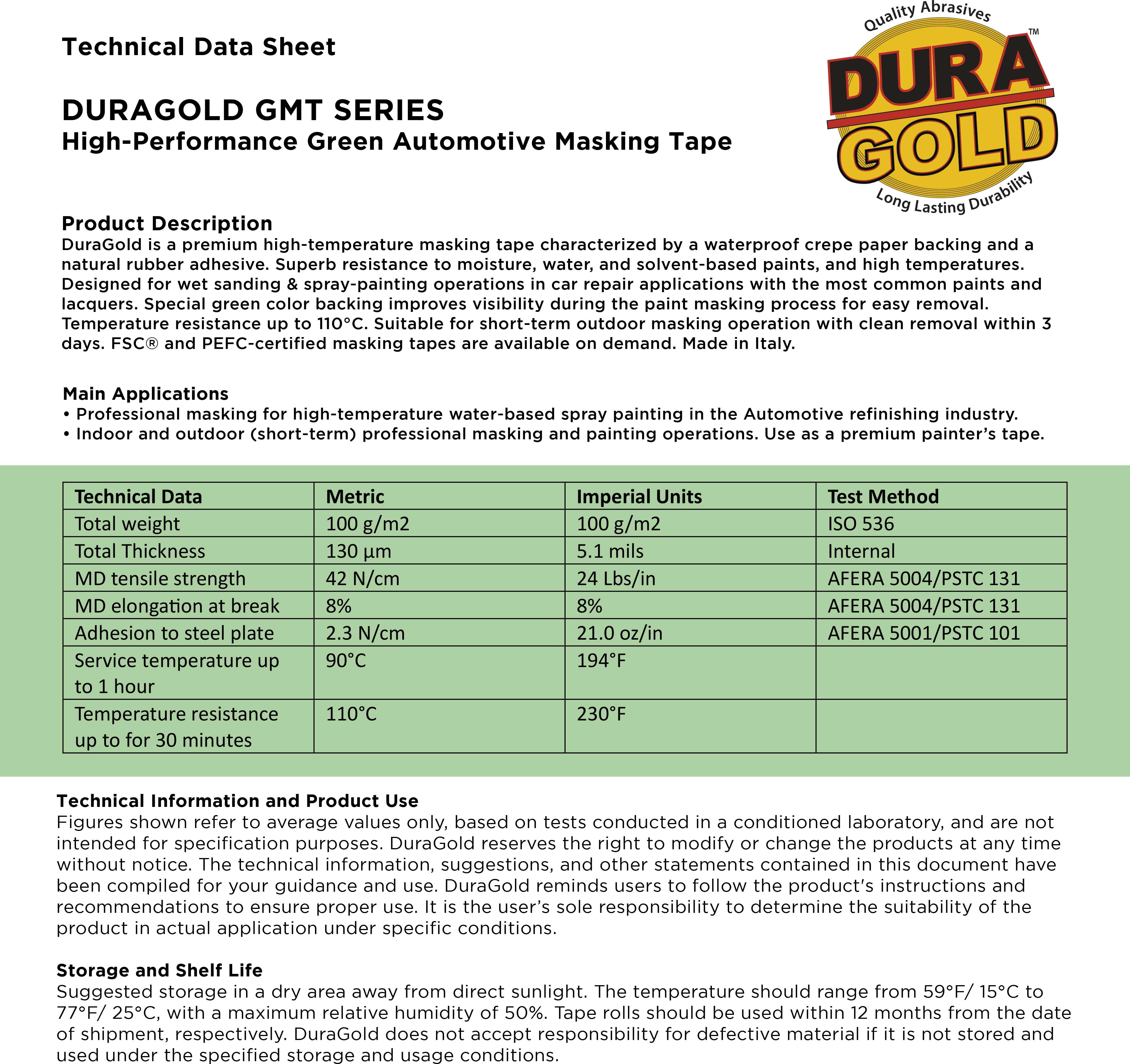 Dura-Gold Green Automotive Masking Tape 1/2 Inch (12mm x 55 Yards), Case of 72 Rolls - Premium High-Performance, Heat Resistant - Auto Refinish Painting, Car Detailing, Autobody Repair, Painters Tape