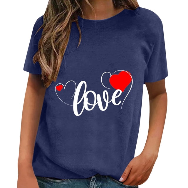 WEAIXIMIUNG Womens T Shirts Fitted V Neck Valentine's Day Short Sleeved Spring Summer All Printed Pattern Loose Crewneck Top T Shirt