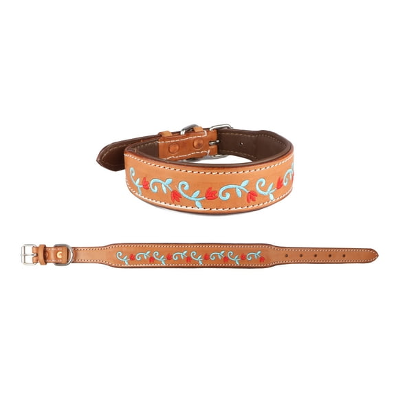 Large 21''- 25'' Padded Leather Floral Embroidered Dog Collar 60BT12