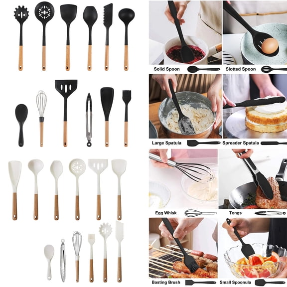 Large Silicone Cooking Utensils - Heat Resistant Kitchen Utensil with Wooden Handles, Spatula,Turner, Slotted Spoon, Pasta server Optional, Kitchen Gadgets Tools for Non-Stick Cookware