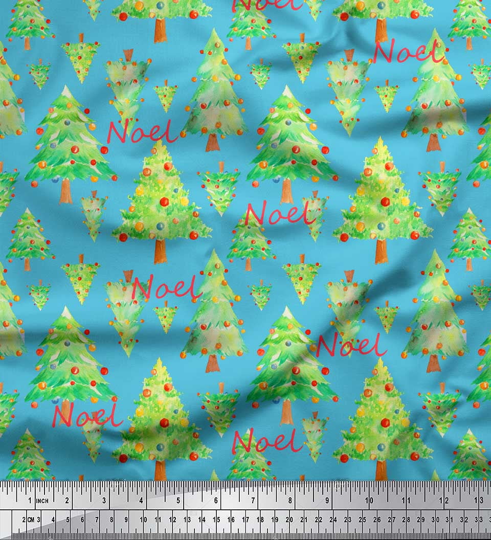 Soimoi Blue Heavy Satin Fabric Text & Christmas Tree Printed Craft Fabric by the Yard 54 Inch Wide