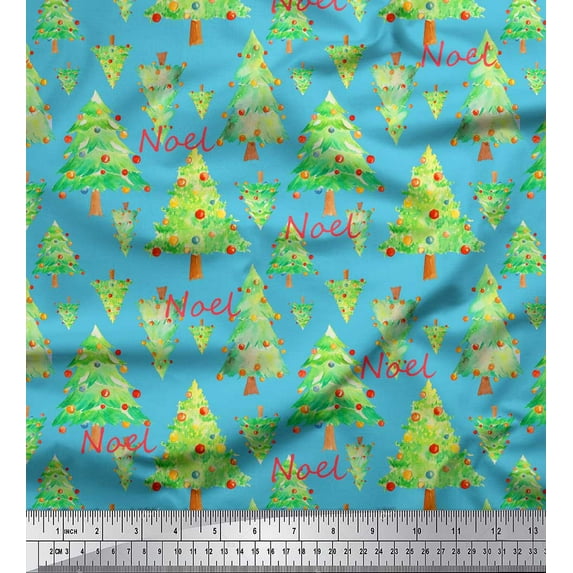 Soimoi Blue Heavy Satin Fabric Text & Christmas Tree Printed Craft Fabric by the Yard 54 Inch Wide