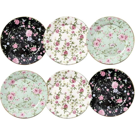 Dessert Plates - Set of 6-8 Inch Ceramic Appetizer Plates with Gold Trim - Vintage Floral Design for Salad - Tea Party & Dinner