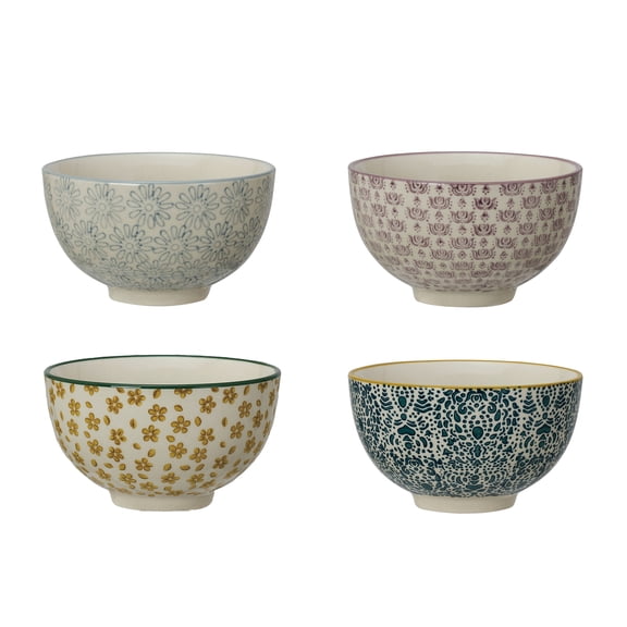 Creative Co-Op Floral Mosaic Stoneware Bowl Set, Multicolor, Set of 4