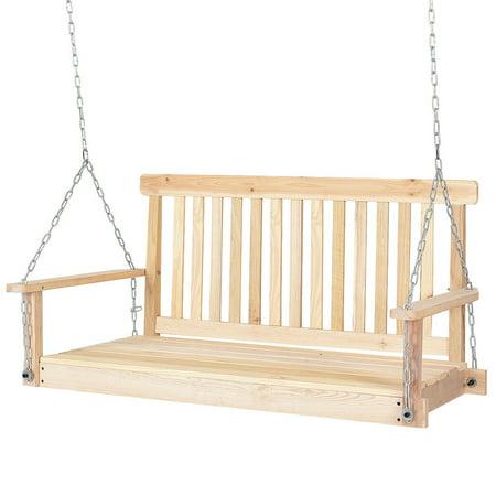 Costway 4 FT Porch Swing Natural Wood Garden Swing Bench Patio Hanging Seat