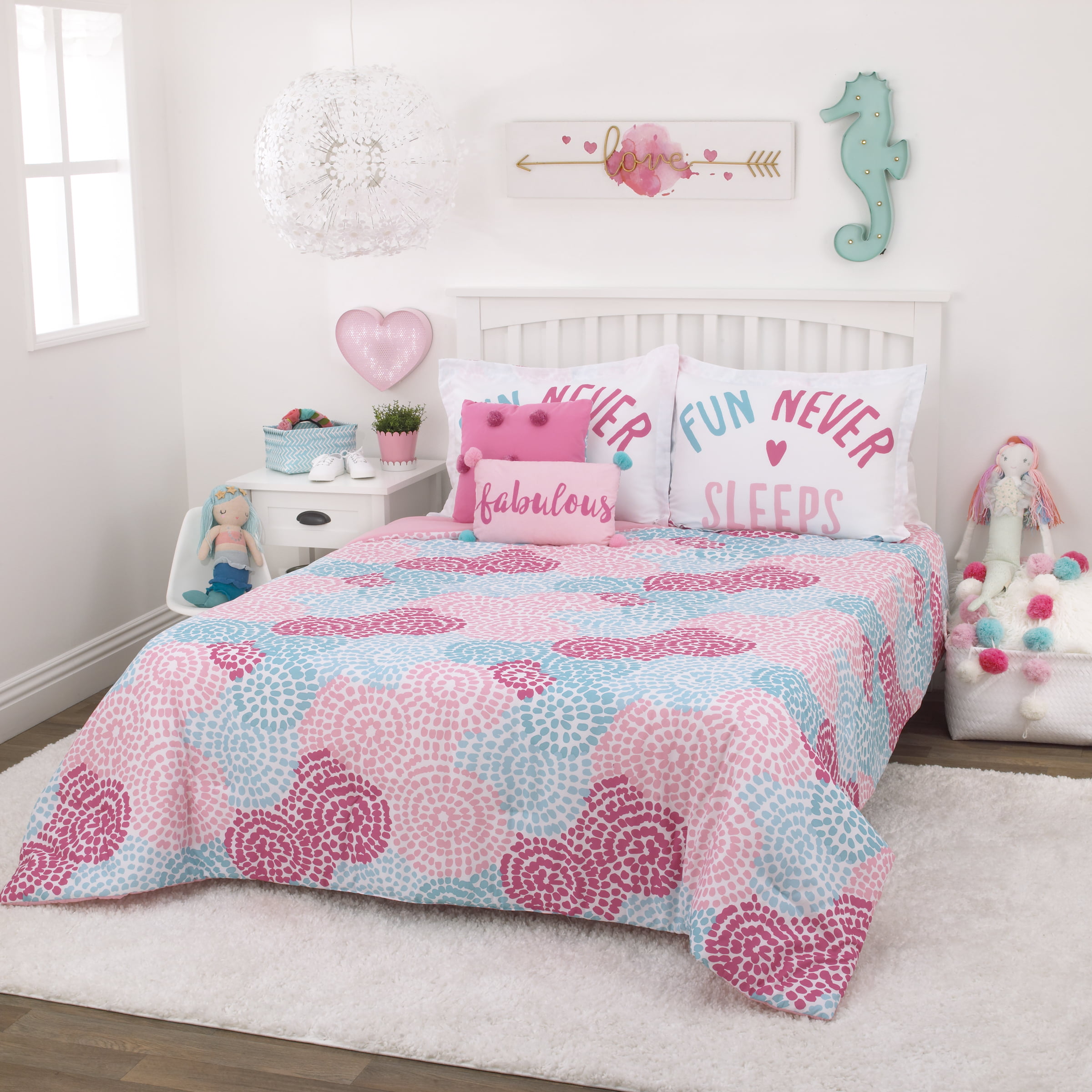Everything Kids Pom Pom Party Pink and Aqua Piece Full Bedding - 1 Comforter, 2 Pillow Shams - Walmart.com
