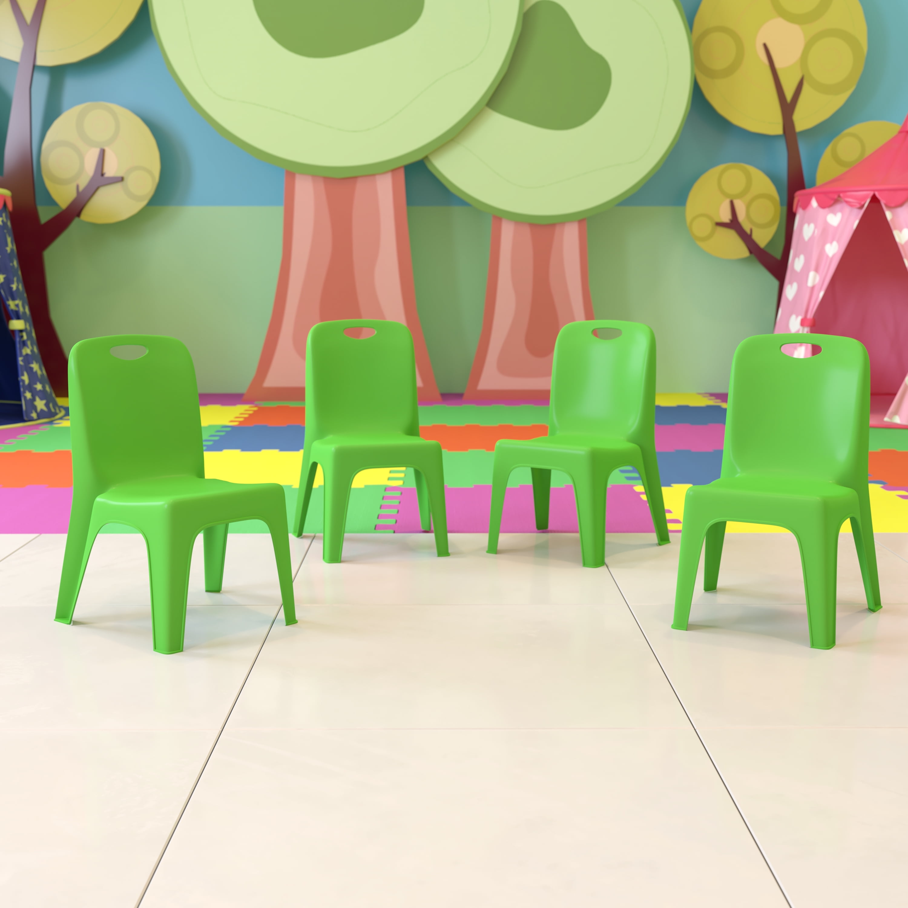 Flash Furniture Green Plastic Stackable School Chair with Carrying Handle and 11 Seat Height 