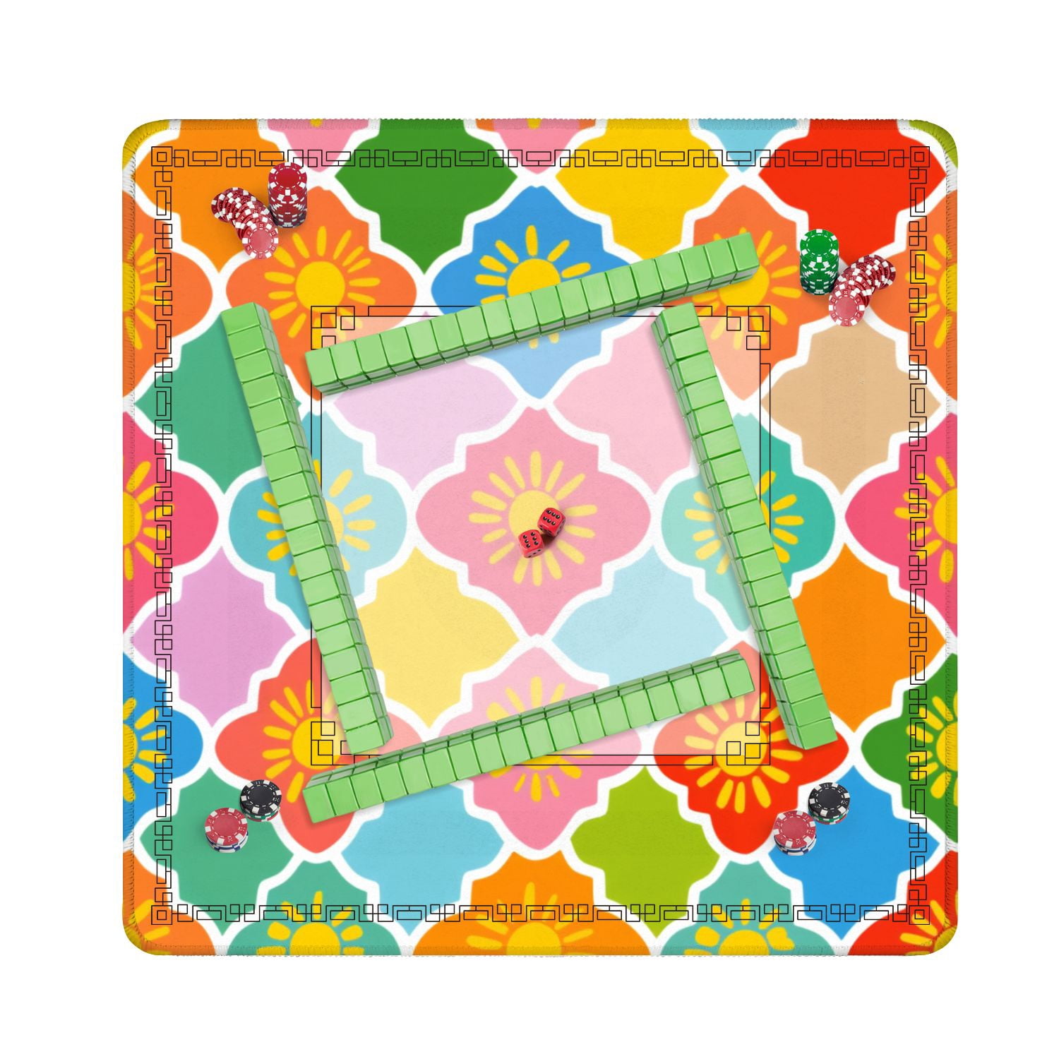 Mahjong Mat 31.5" x 31.5" Colorful Geometric Floral Sun Motifs Vibrant Palette Non-Slip Noise Reduction American Mahjong Tiles Table Cover for Dominoes Poker Card Board Games Gift