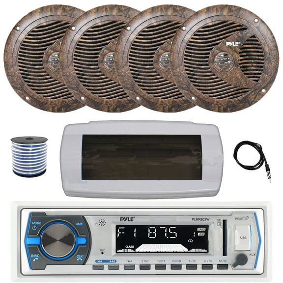 Pyle PLMRB29W Single DIN Bluetooth Marine MP3 AM/FM Stereo Receiver with White Cover, 22" Radio Antenna, Wire, 4x 6.5" 150 Watt Max Full Range Dual Cone Waterproof Stereo Speakers (Camo)