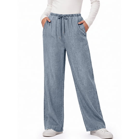 MOSHU Wide Leg Jeans for Women Elastic Waisted Denim Pants Straight Casual Womens Jean with Side Pockets