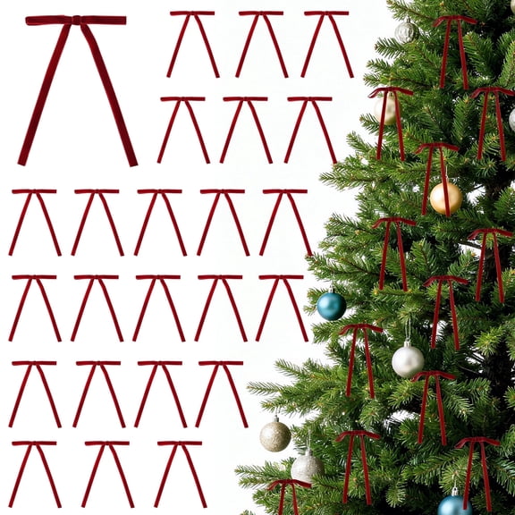 24 Pieces Velvet Bows for Christmas Tree, Velvet Clip on Bow Ornaments for Christmas Decorations(Red, 5" x 7", Width of 3/8")
