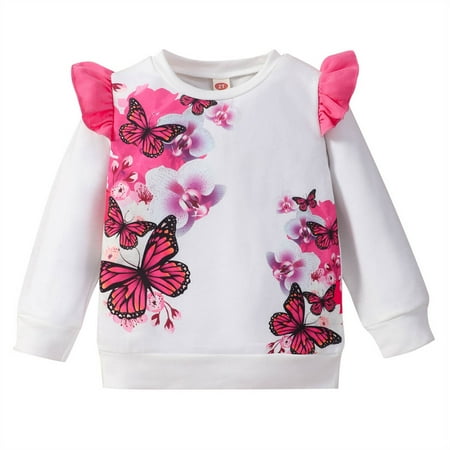 

Toddler Crewneck Sweatshirt Girls White Butterfly Ruffle Pullover 5T (8132)