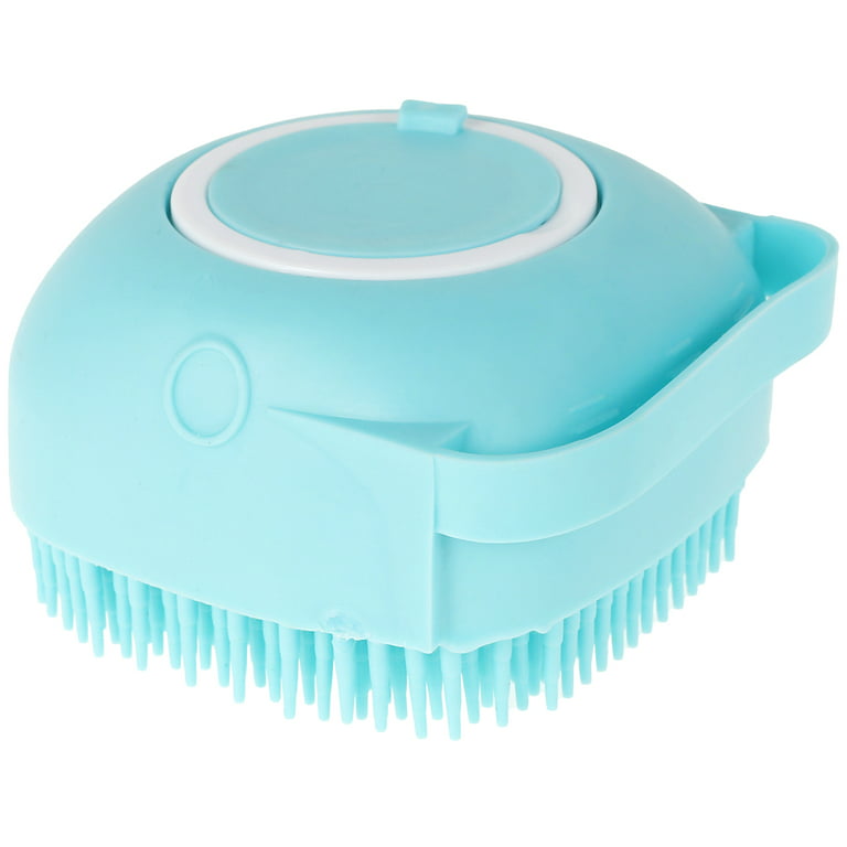 Aohao Dog Bath Brush Rubber Pet Grooming Brush Pet Shampoo Brush Comb with Adjustable Ring Handle with Soap Dispenser Dog Bathing Brush, Blue