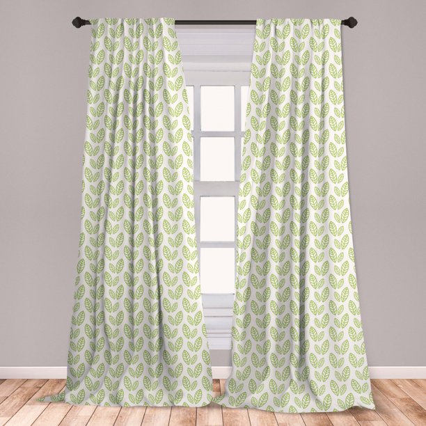 Green Leaf Curtains 2 Panels Set, Simple Organic Pattern with Abstract