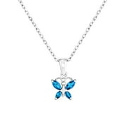 Butterfly Pendant in Sterling Silver with Simulated Blue Topaz CZ Birthstone for Girls with 18" Chain (December)