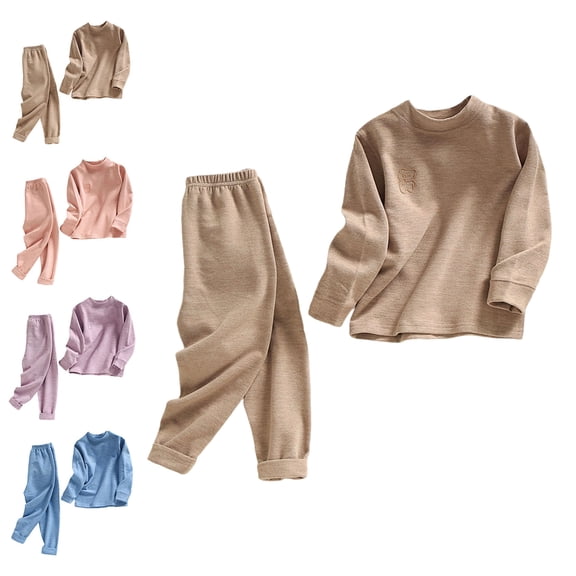 WAVSUF Girls Fall Basic Sets Long Sleeve Top and Pants Double Fleece Mid Collar Winter Warm Home Outfits 2 Piece Coffee 7-8