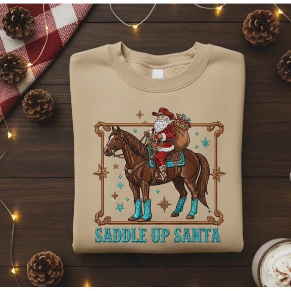 Custom Saddle Up Santa Sweatshirt Western Christmas Embroidered Cowboy Holiday Sweater Country Rodeo Santa Gift
