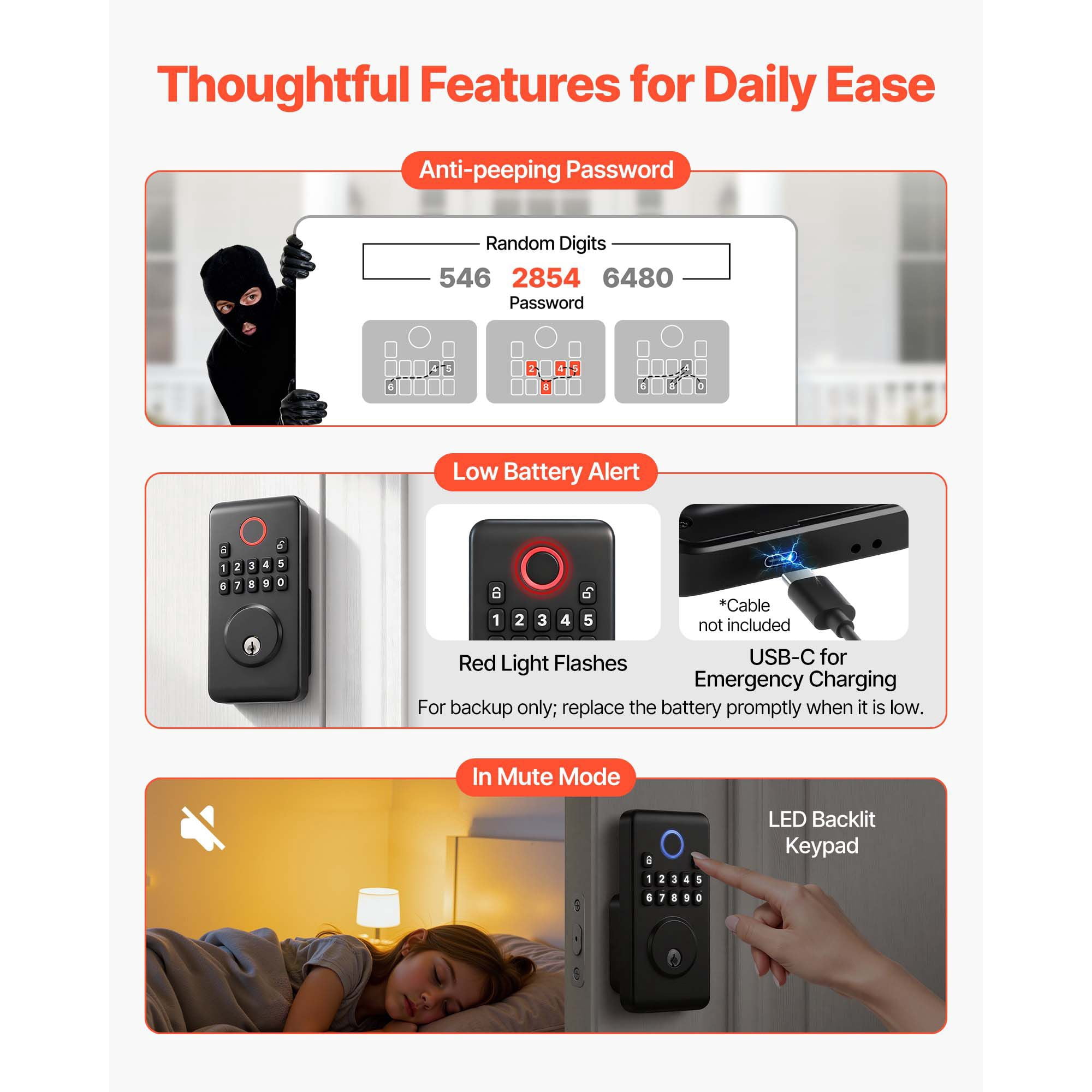 Keyless Entry Door Lock, Electronic Deadbolt with Easy-Grip Design, Customizable User Codes, Auto Lock, Anti-Peeping, Backlit Keypad for Home