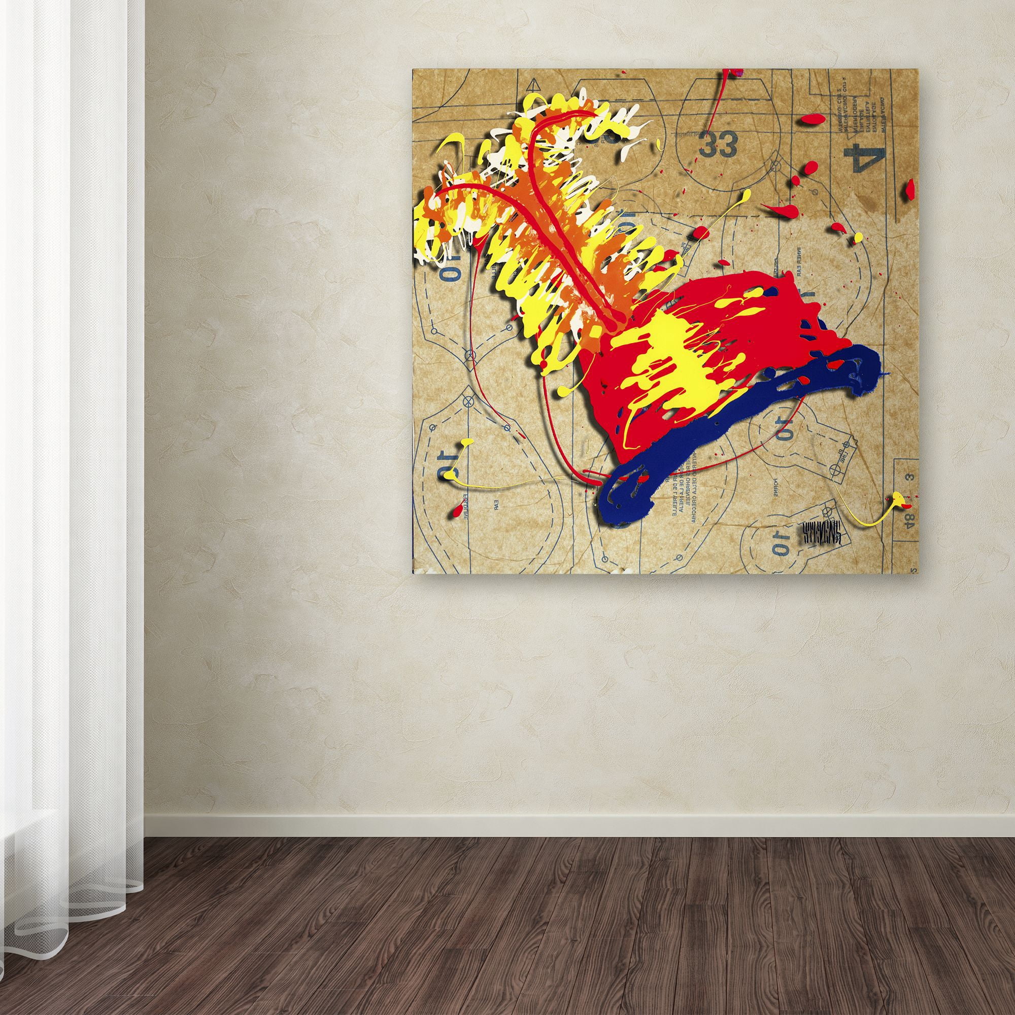 Roderick Stevens 'Red Hat Orange Feathers' Huge Canvas Art 35 x 35