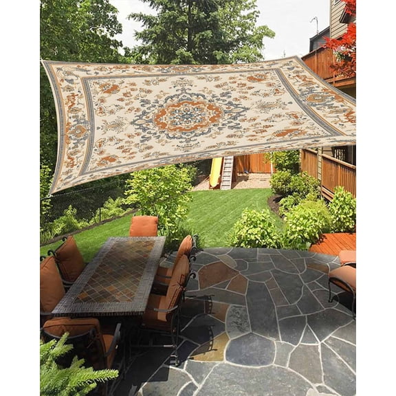 Bohemian Waterproof Sun Shade Sail Ethnic Vintage Oriental Floral Pattern Distressed Outdoor Patio Sun Shades Canopy UV Block Waterproof Sunshade for Garden Backyard Deck Pergola 12x16 Ft