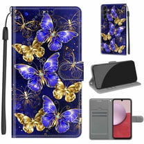 Compatible with Samsung Galaxy A14 5G Wallet Case for Men Women, Premium PU Leather Flip Cover with Card Holder, Wrist Strap, Kickstand Shockproof Magnetic Clasp Case, Golden Blue Butterfly