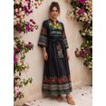 thumbnail image 3 of Women's Boho Embroidered Maxi Dress Long Sleeve V Neck Floral Printed Belted Swing Vacation Dress, 3 of 10