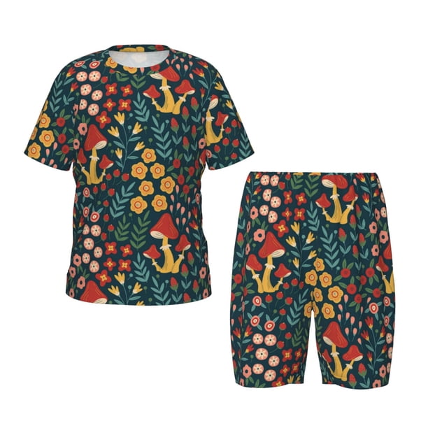 Balery Mushrooms And Flowers Conjunto de Pijama Infantil de Manga Corta con Estampado – Ropa de Dormir de Algodón Suave-XX-Large