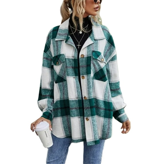 Seyurigaoka Women Juniors Shacket Plaid Turn-Down Collar Long Sleeve Coat with Chest Pockets