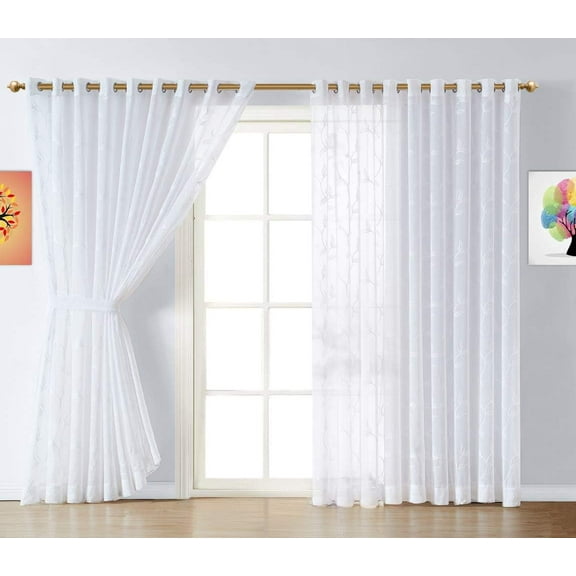 Warm Home Designs Pair of 2 Extra Large Sheer Room Divider White Curtains with White Leaf Embroidery. MARIA WALL 100 WHITE