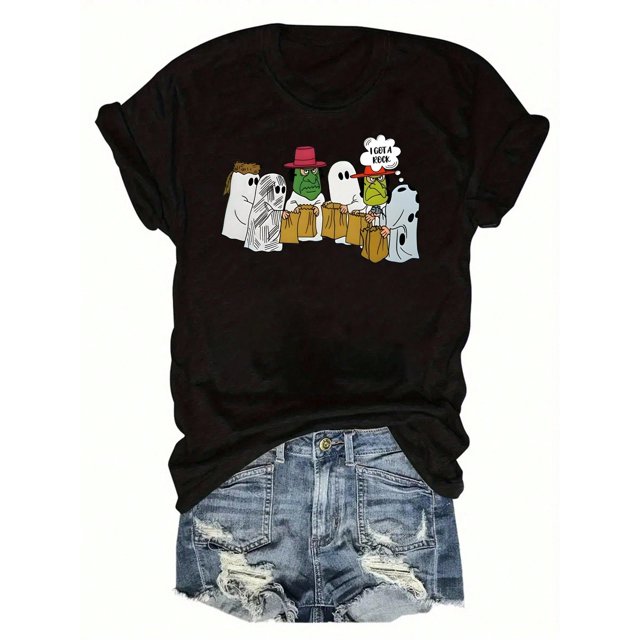Halloween Themed Crew Neck Short Sleeve T-Shirt - Mid Elasticity, Regular Length, Machine Washable, Casual Style For Spring & Summer - Womens Clothing For All Seasons