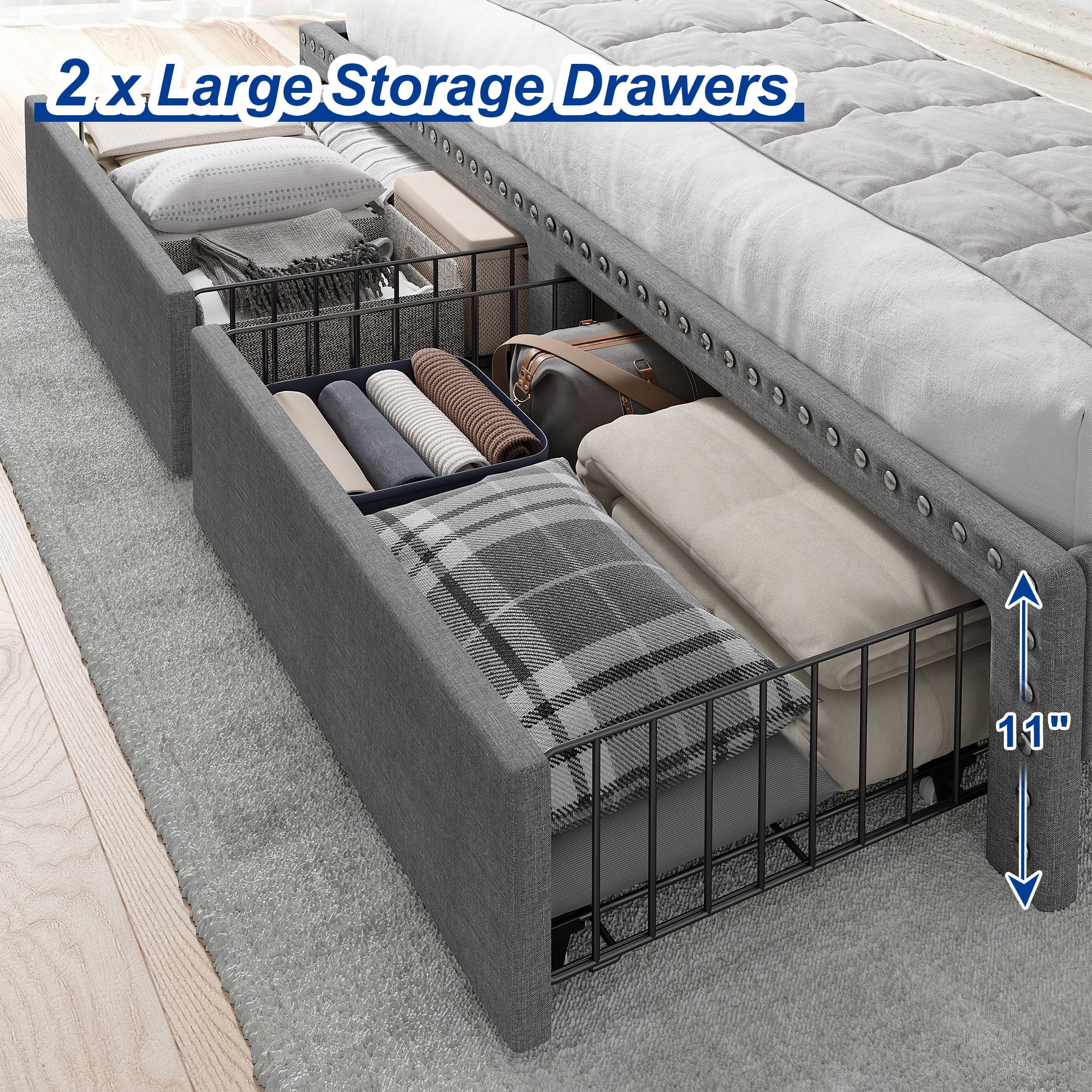 EnHomee Upholstered King Size Bed Frame with Headboard and Storage, Sturdy King Bed Frame with 2 Drawers, NO Noise,No Box Spring Needed,Grey