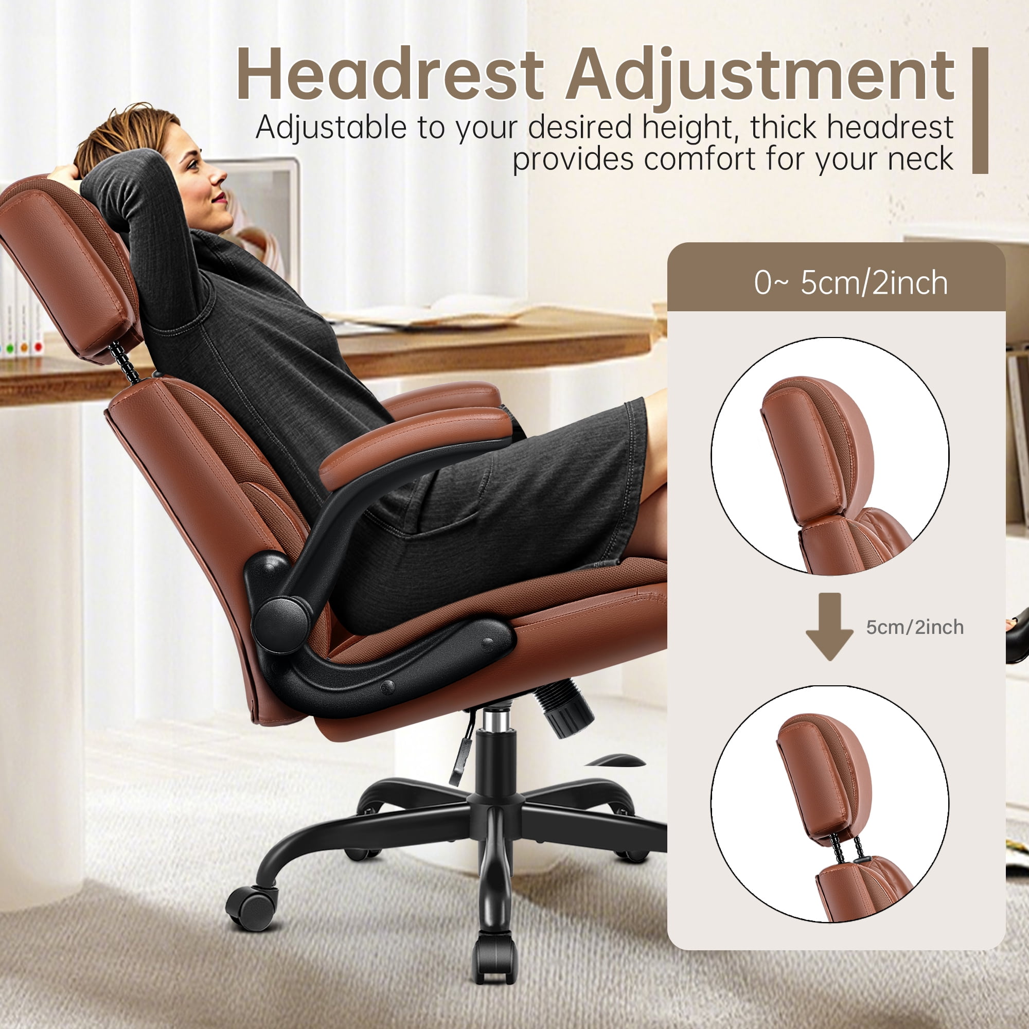 FASTES Leather Office Chair, Executive Desk Chair with Flip Up Arms, Ergonomic Computer Desk Chairs Home Office Chair with Adjustable Headrest and Rocking Function, Brown