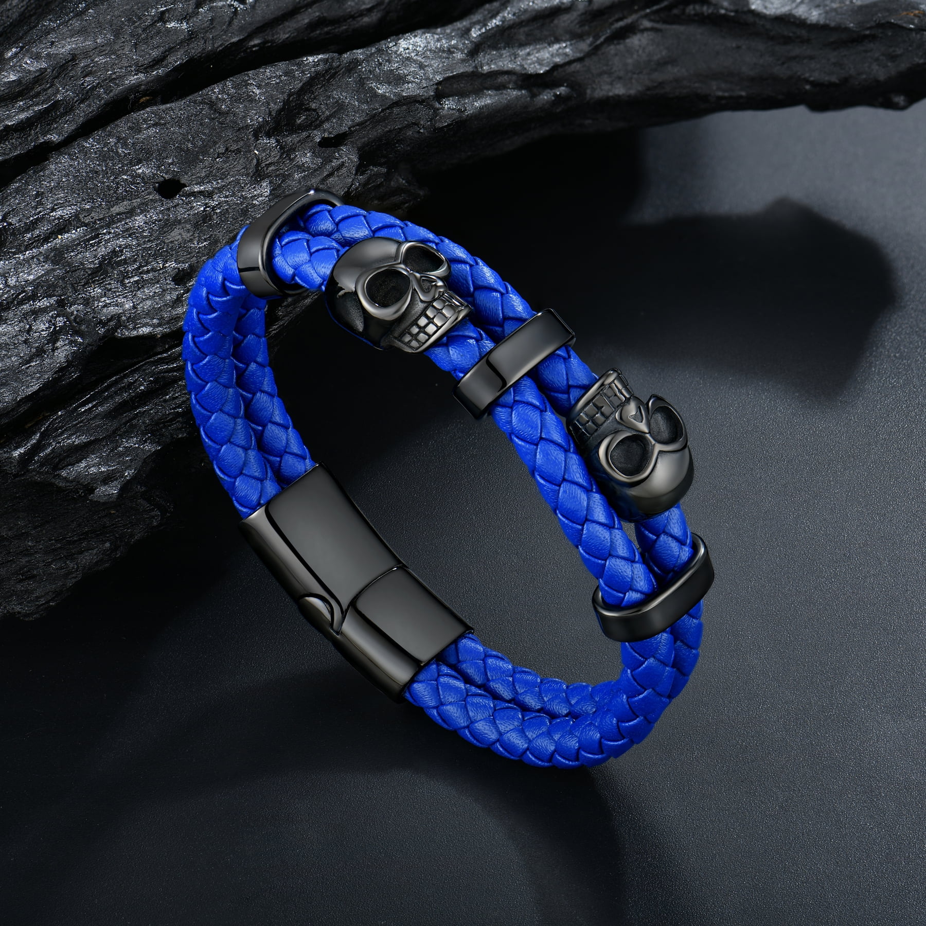Raymard Mens Skull Double Row Leather Bracelet,Skull Blue Braided Bracelet for Men, Mens Punk Jewelry