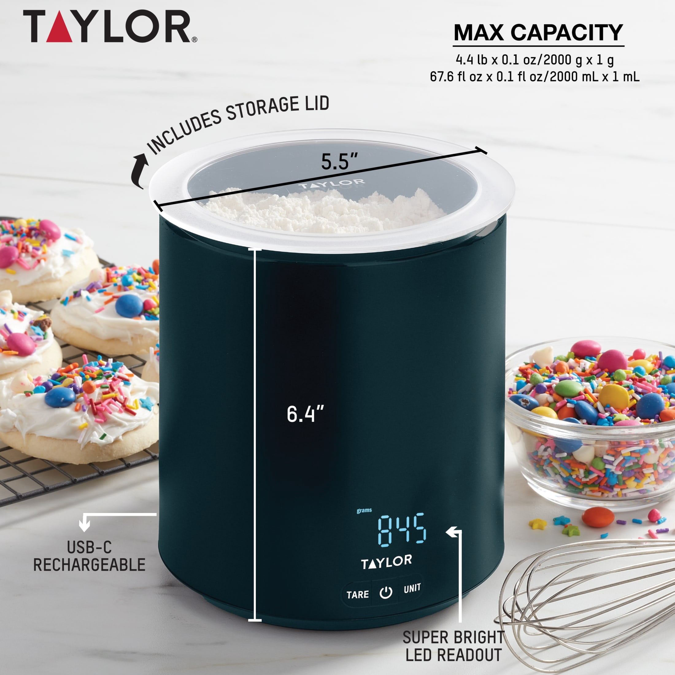 Taylor 4.4 lb USB-C Rechargeable Container Scale with Lid, Digital Food Scale for Recipes, Emerald