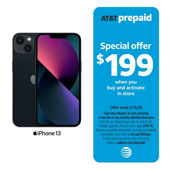 AT&T Apple iPhone 13, 128 GB, Midnight - Prepaid Smartphone [Locked to AT&T]